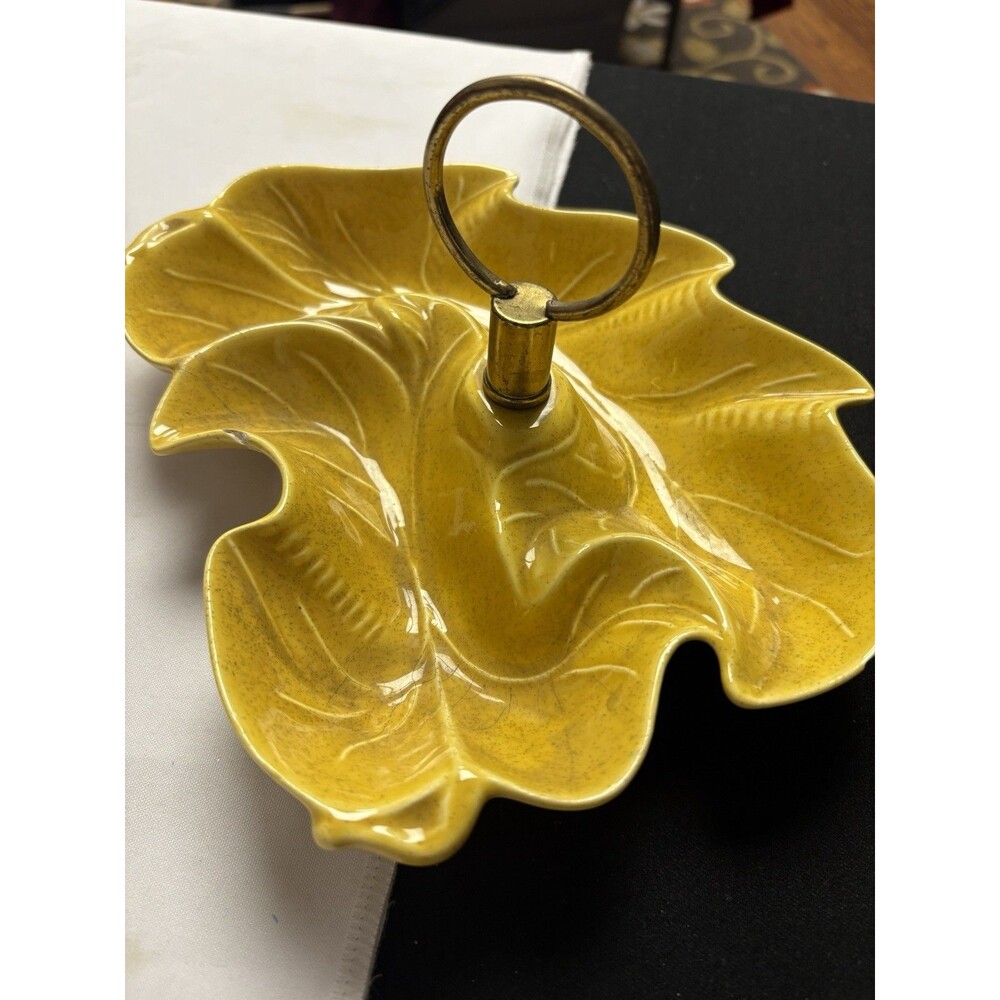 Vintage Double Sided Ceramic Candy Dish w/Metal Handle Yellow Leaves Cabbage R1